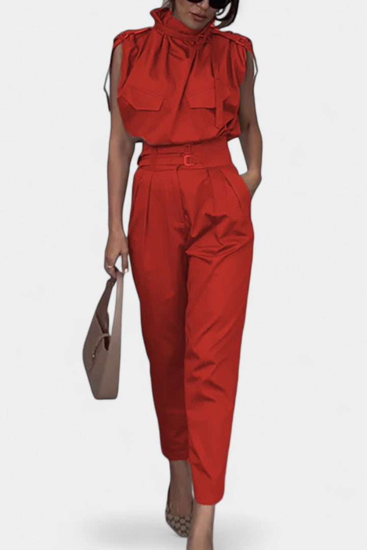 Cassis Ruffled Collar Belted Jumpsuit with Straight Cut