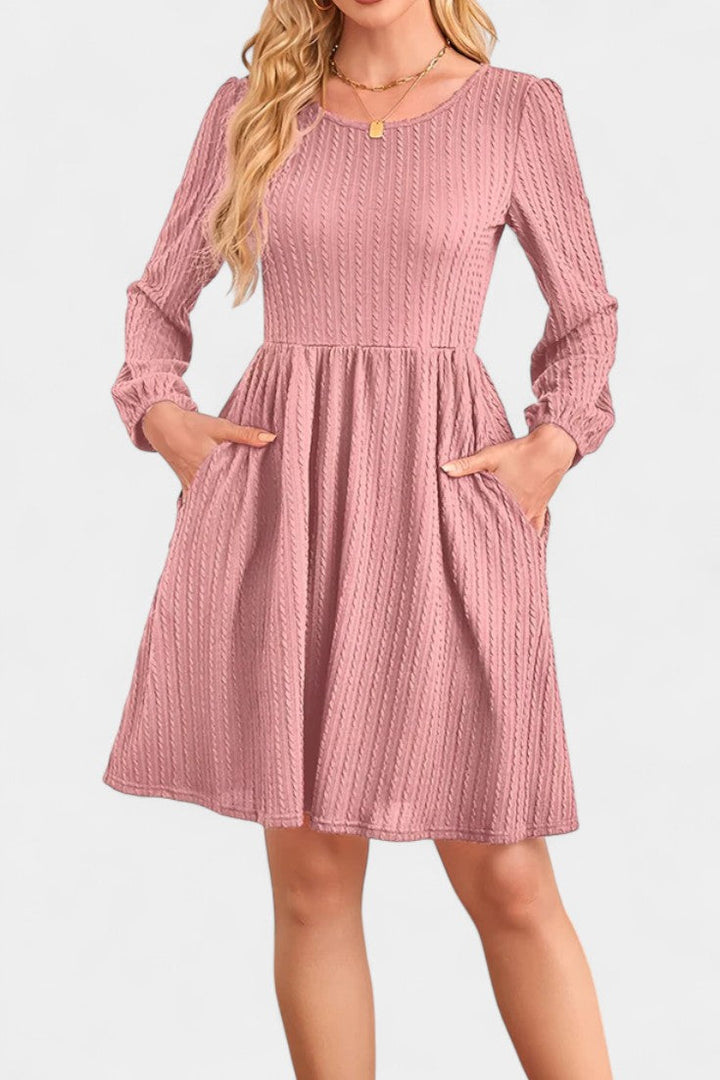 Dorothée Long Sleeve Textured Flared Dress with Round Neck