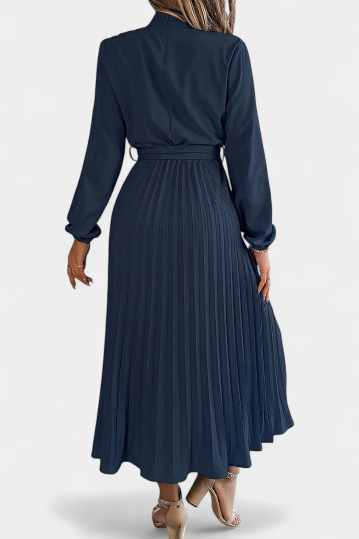 Morgane Pleated Dress Featuring a High Gathered Collar and Tied Waist