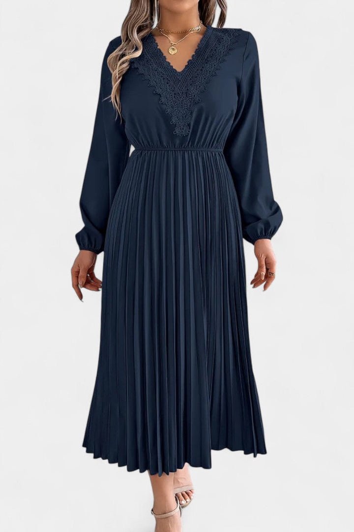 Séverine V-Neck Lace Dress with Long Puff Sleeves and Pleated Design