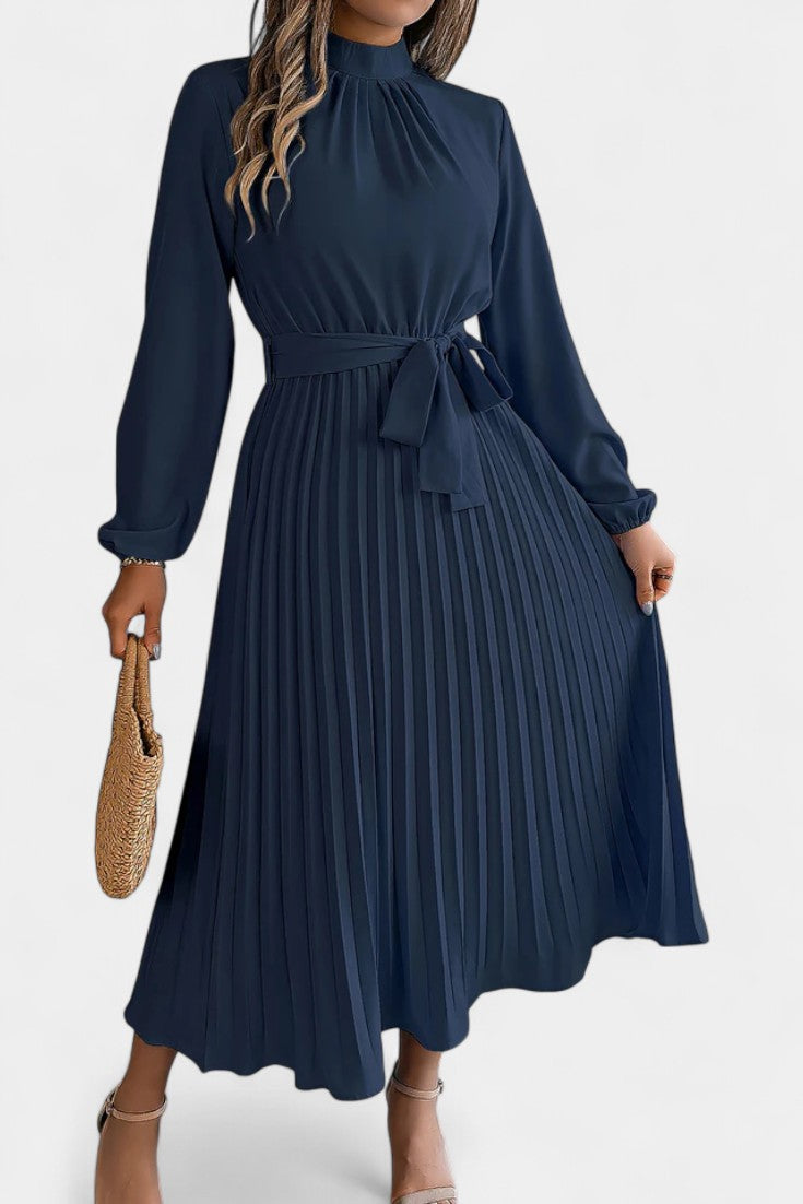 Morgane Pleated Dress Featuring a High Gathered Collar and Tied Waist
