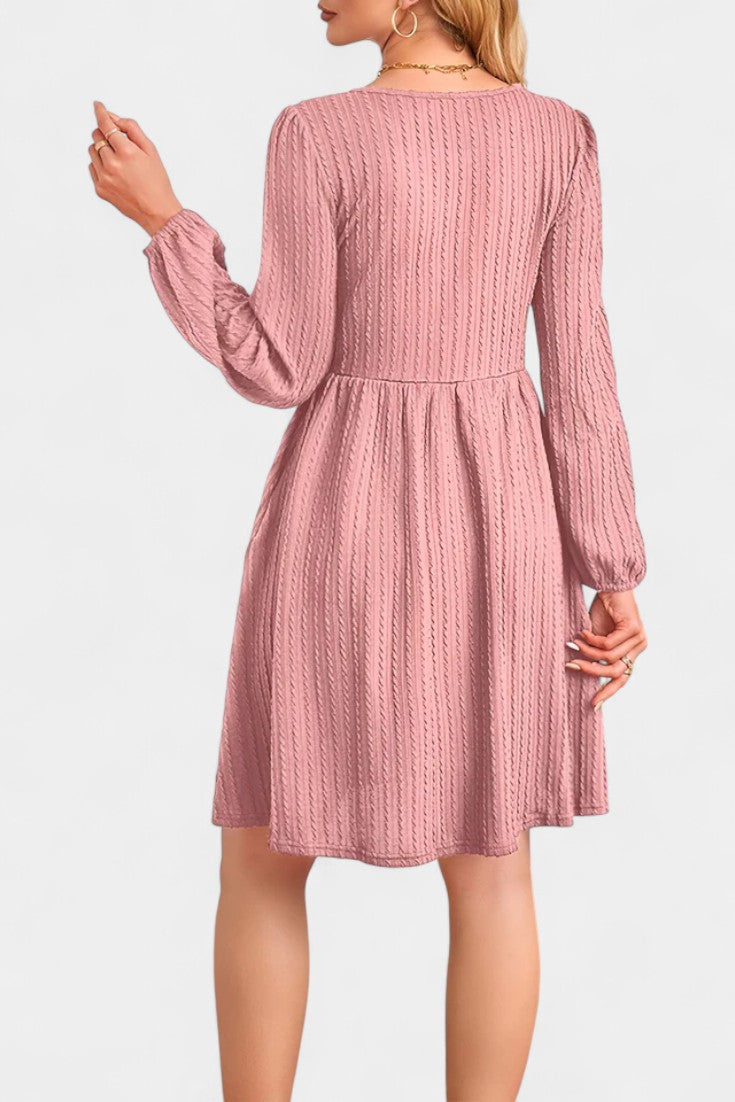 Dorothée Textured Flared Dress featuring Round Neck and Long Sleeves