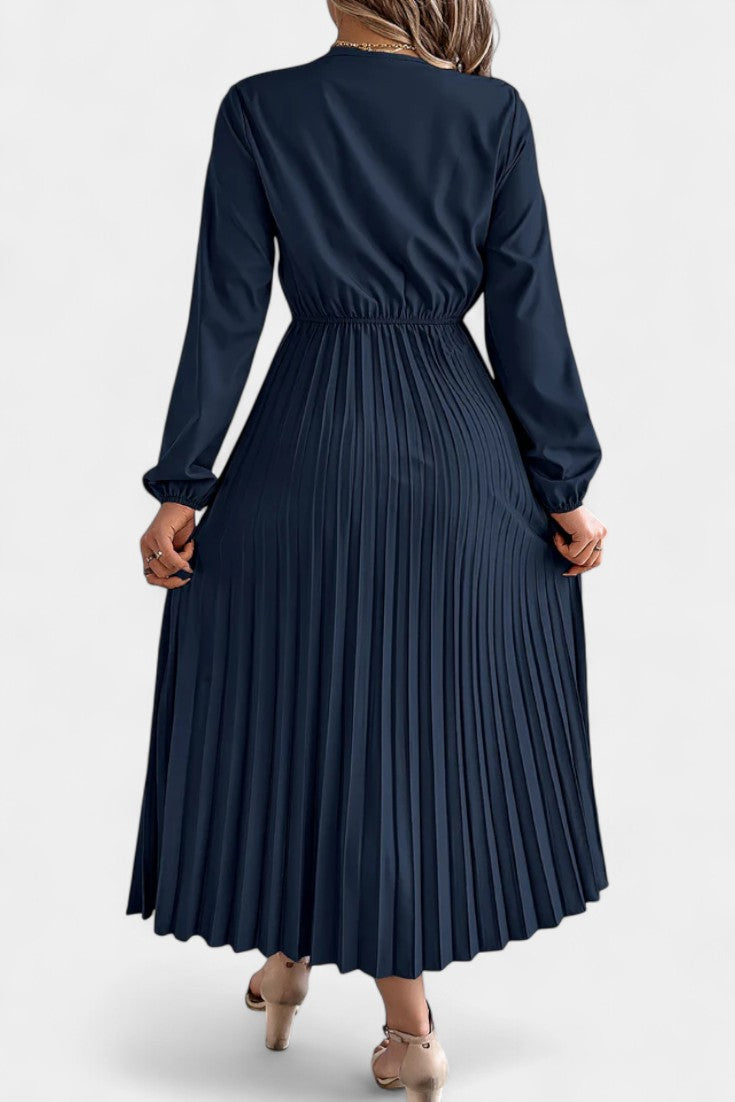 Séverine V-Neck Lace Dress with Long Puff Sleeves and Pleated Design