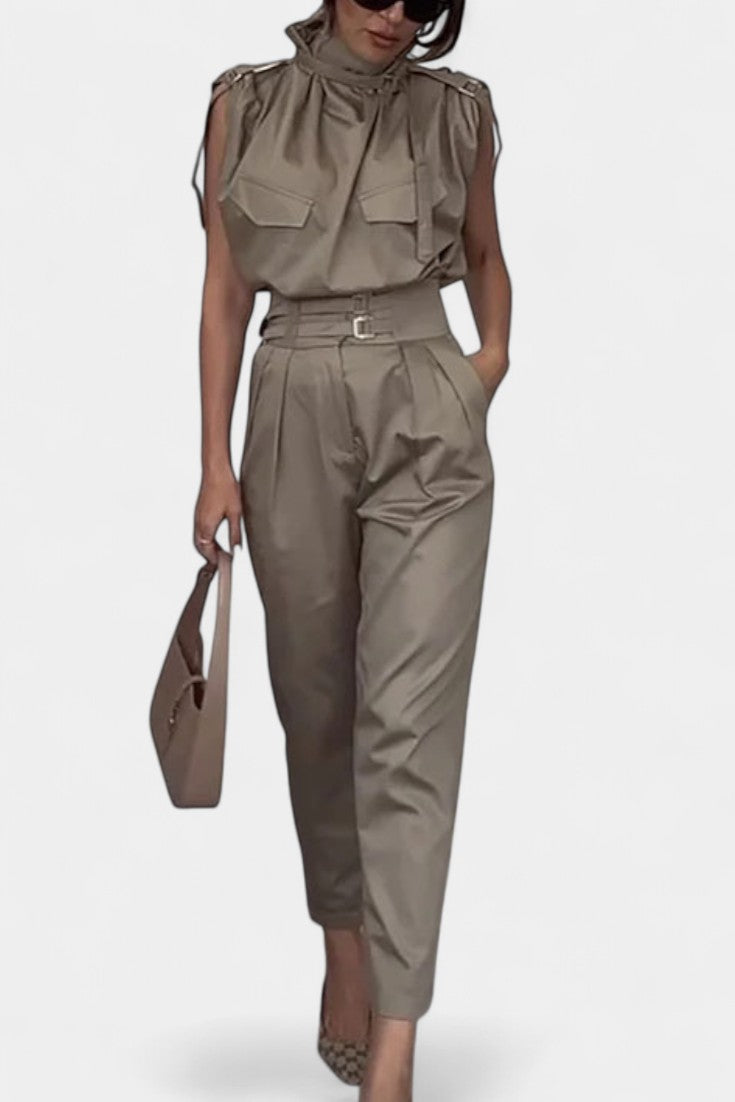 Cassis Ruffled Collar Belted Jumpsuit with Straight Cut