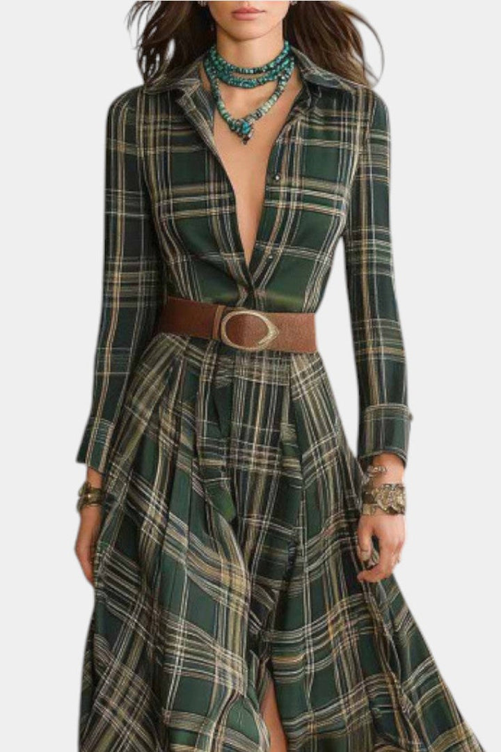 Deep Green Alyona Maxi Dress: Western Chic Plaid Style