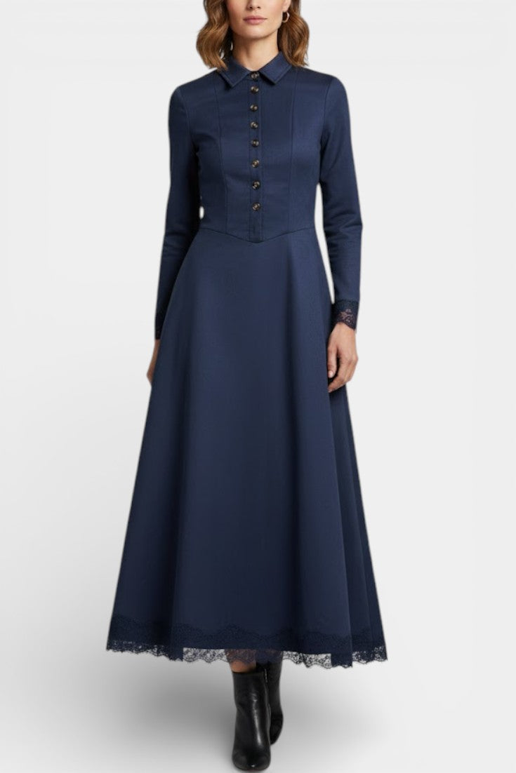 Suede Long Robe with Shirt Collar and Lace Details