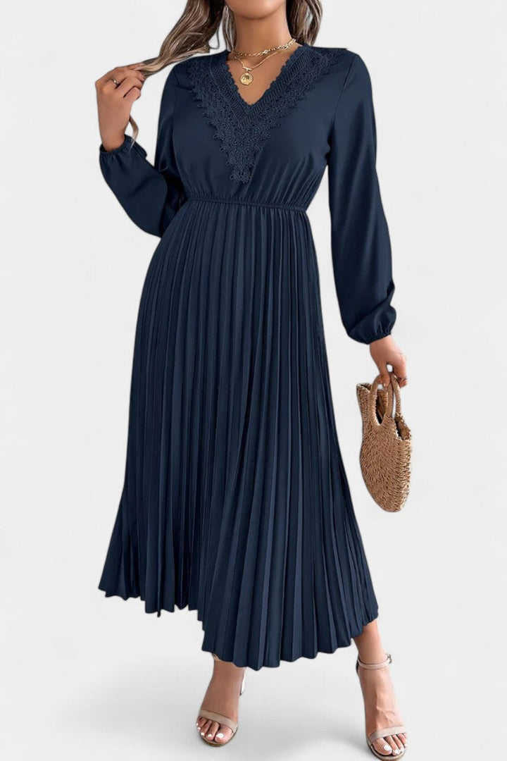 Séverine V-Neck Lace Dress with Long Puff Sleeves and Pleated Design