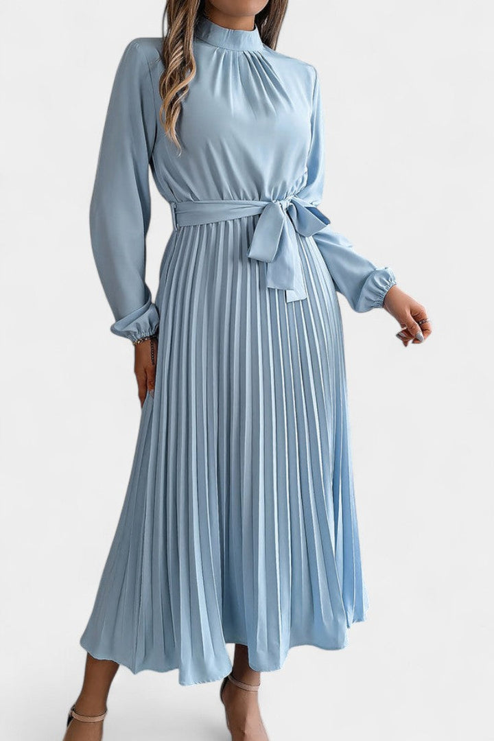 Morgane Pleated Dress Featuring a High Gathered Collar and Tied Waist