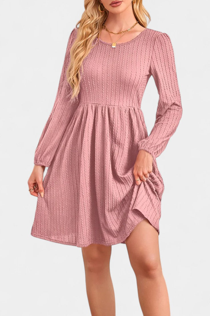 Dorothée Textured Flared Dress featuring Round Neck and Long Sleeves