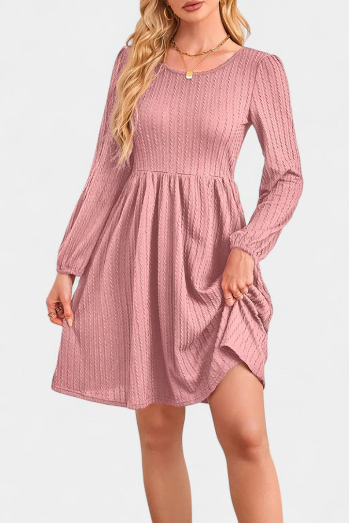 Dorothée Textured Flared Dress featuring Round Neck and Long Sleeves