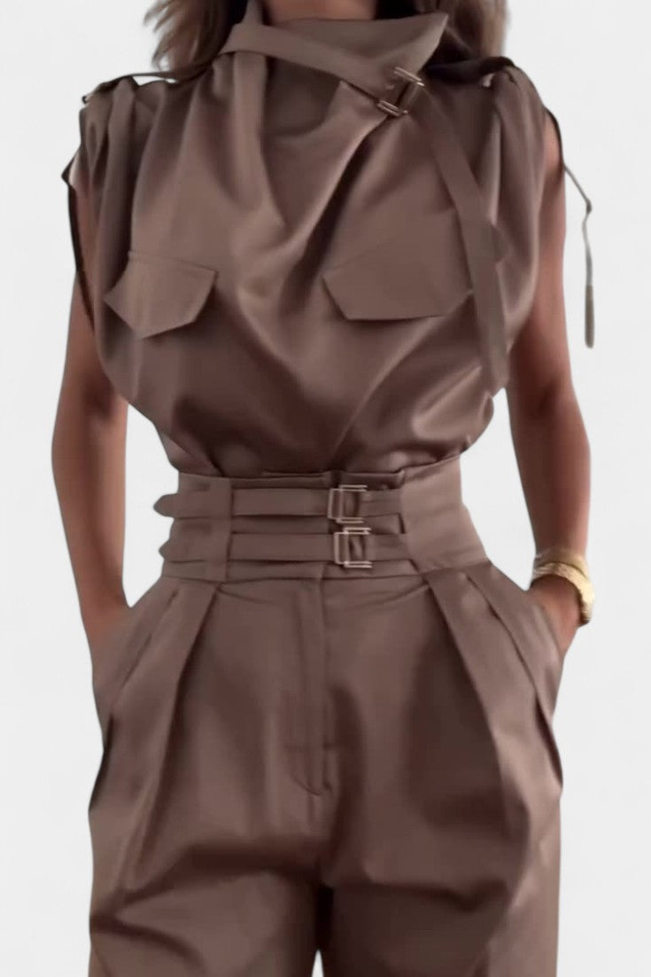 Cassis Ruffled Collar Belted Jumpsuit with Straight Cut