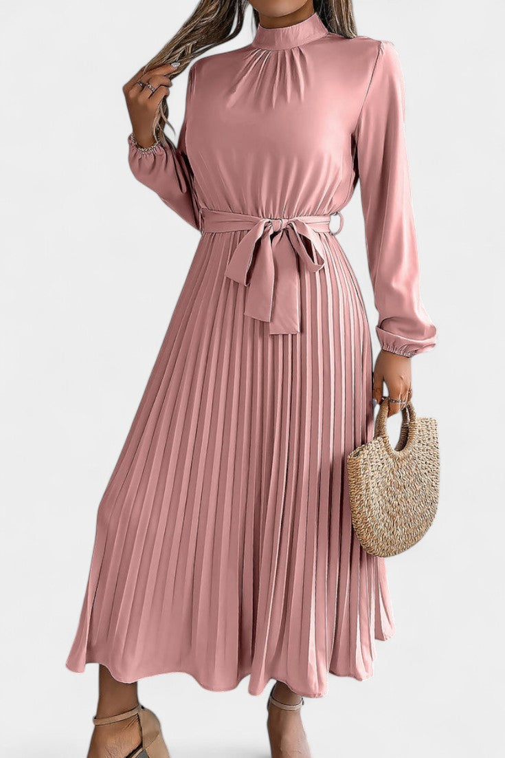Morgane Pleated Dress Featuring a High Gathered Collar and Tied Waist