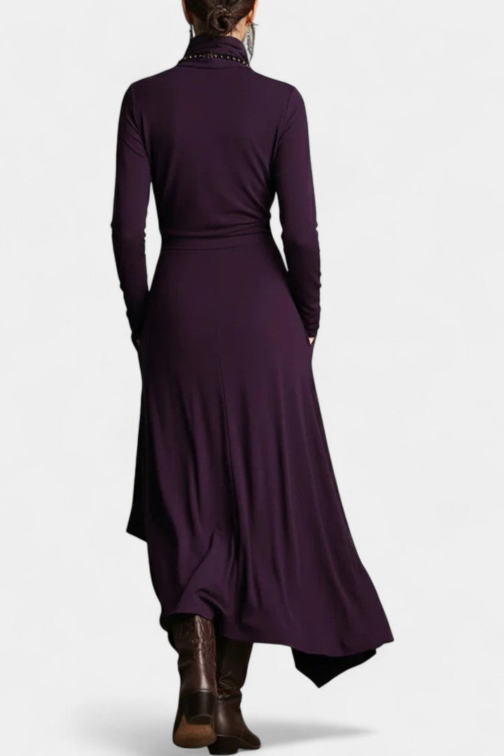 Ébeline High-Collar Asymmetrical Pleated Maxi Dress