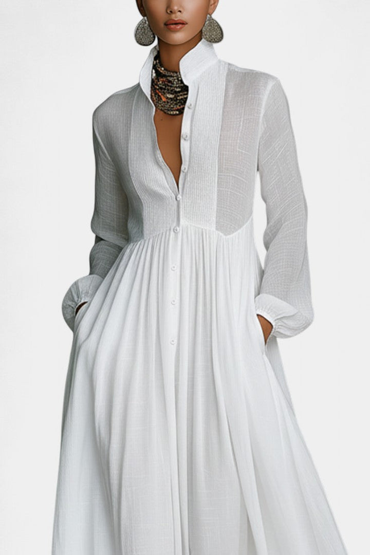 Marilou Flamed Cotton Long Minimalist Dress with Felted Texture