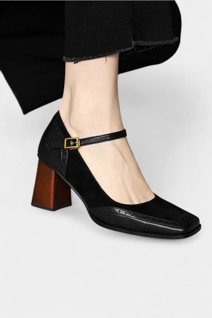 Florence Mary Janes with Square Toe and Chic Brogue Accents