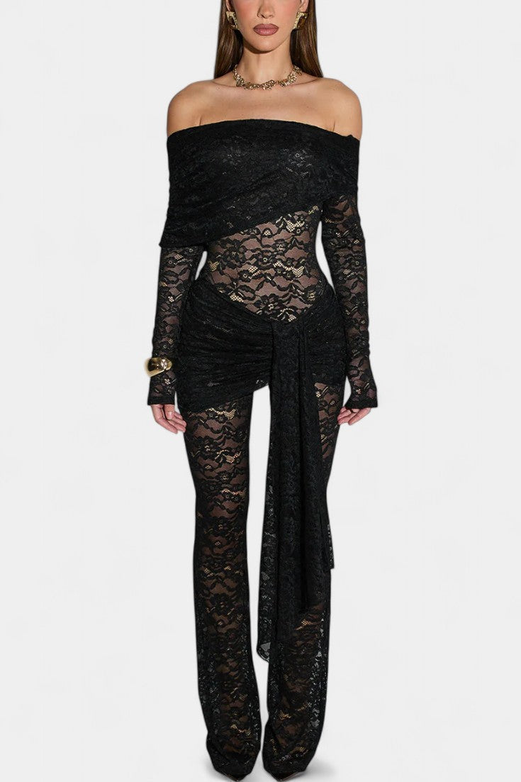 Maristella Bardot Set: Sheer Lace Top with Ruffled Mini Skirt