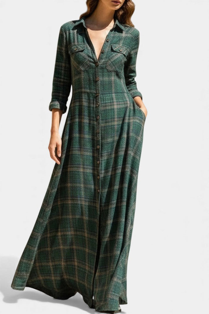 Amanita Green Check Maxi Dress with Structured Lapel