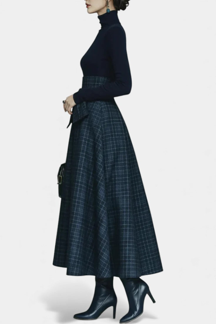 Angelika Night Blue High Neck Set with Checkered Skirt