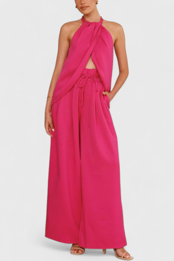 Bernadina Linen Ensemble: Front Neckline Top with Wide Leg Pants