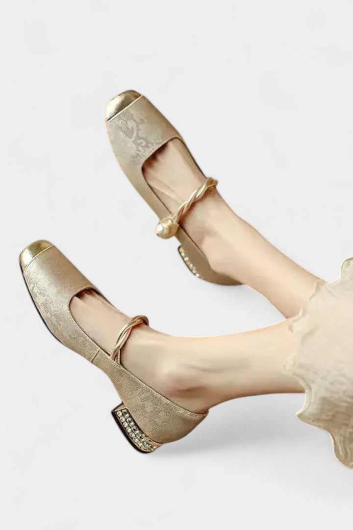 Mestelle Patent Leather Mary Janes with Square Heels and Beaded Accents