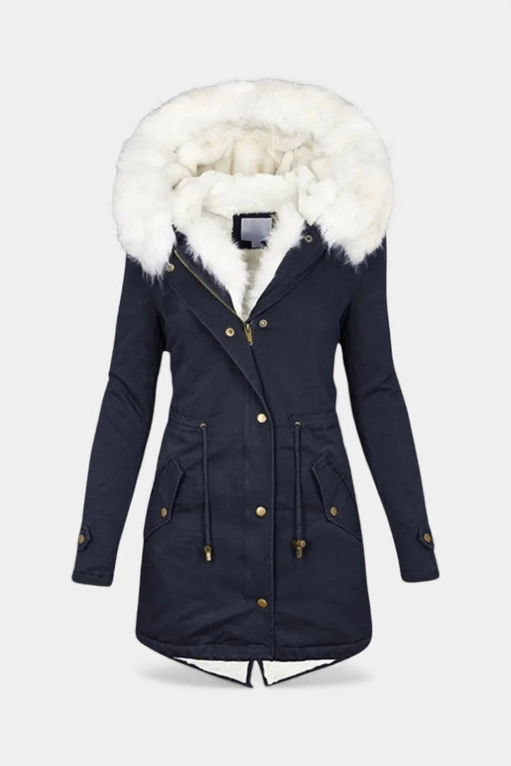 Lanra Faux Fur Trim Hooded Winter Parka with Belt