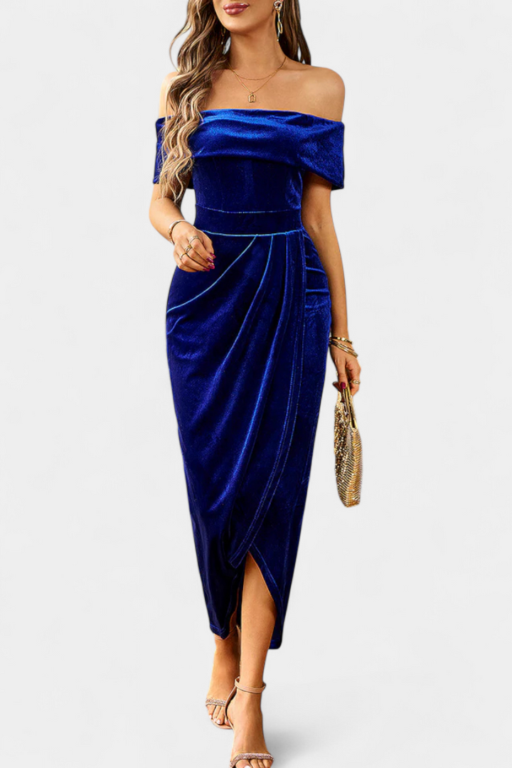 Geneviève Off-Shoulder Midi Velvet Dress with Side Slit