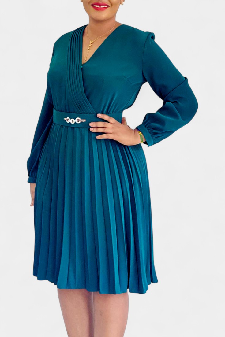 Lucie Long Sleeve Midi Dress with Pleats and Belt