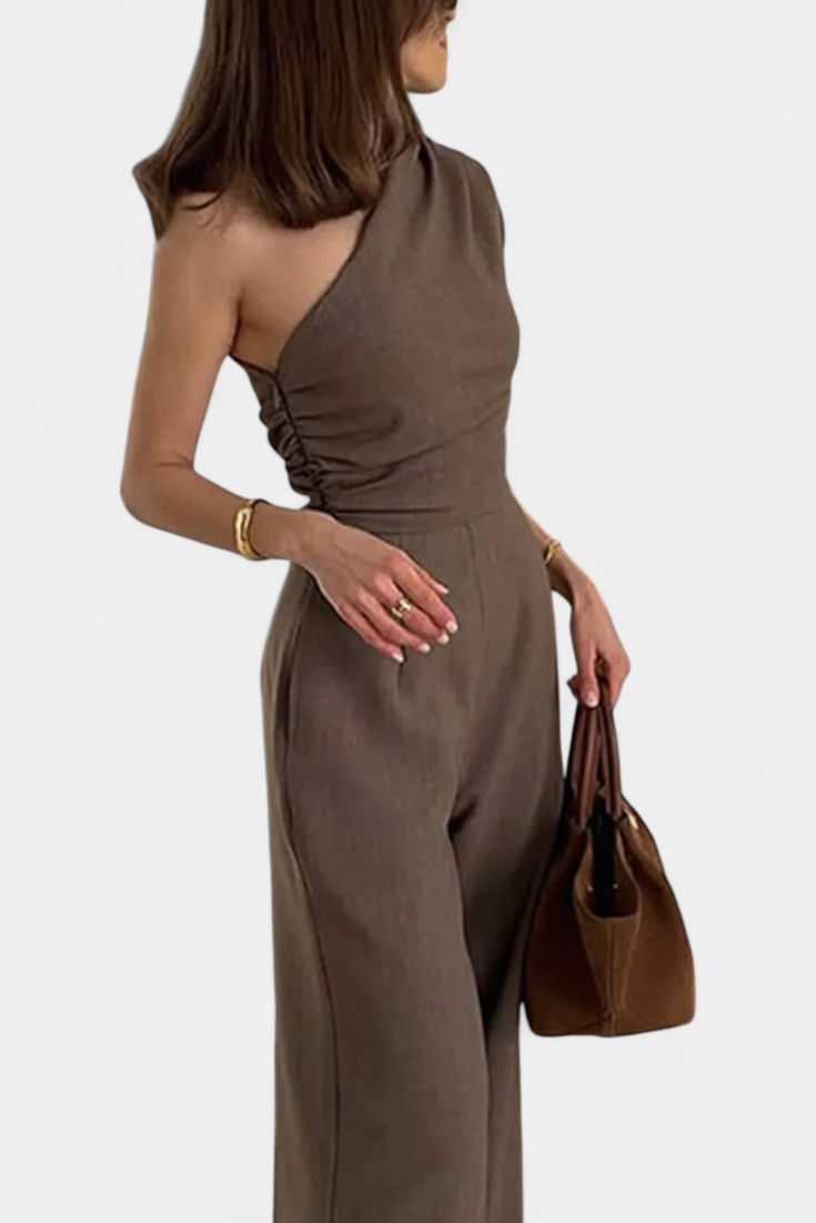 Asymmetrical One-Shoulder Jumpsuit with Ruched Accents in Magnolia