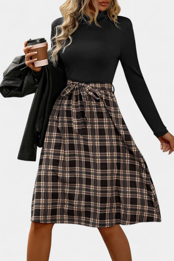 Orlane High-Collar A-Line Dress in Patchwork Check with Long Sleeves