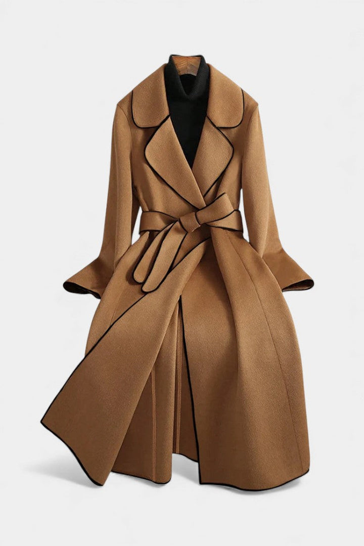 Flora Long Coat with Reversible Design and Vibrant Belt