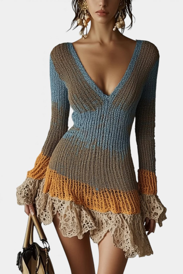 Paqui Lace-Trimmed Multicolor Knit Mini Dress