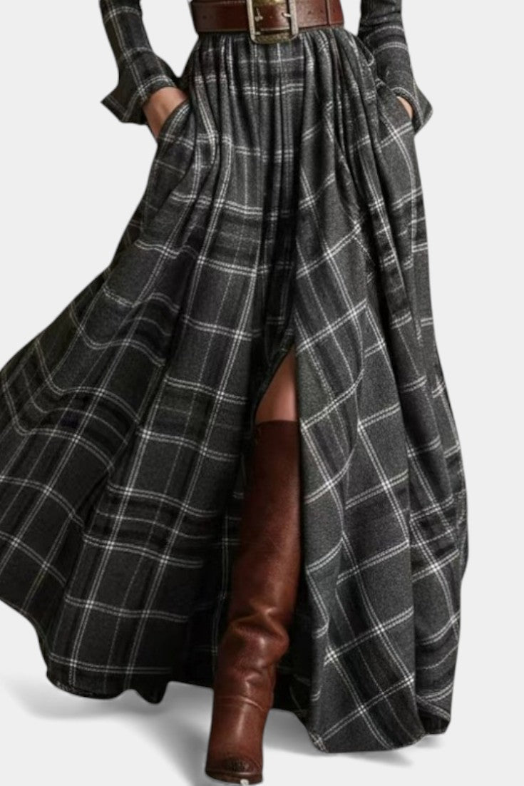 Eustelle Gray Checkered Maxi Dress Featuring a Stylish Collar