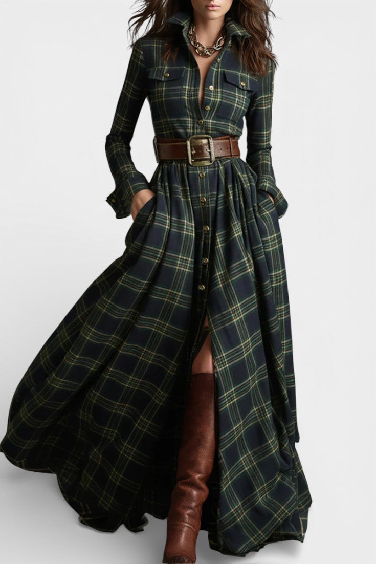 Eustellia Long Checkered Dress with Vintage Ethnic Flair