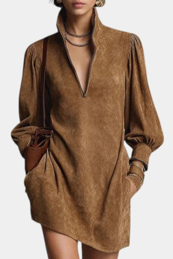 Solveig Brown Suede Mini Dress with Turtleneck and Zipper Detail