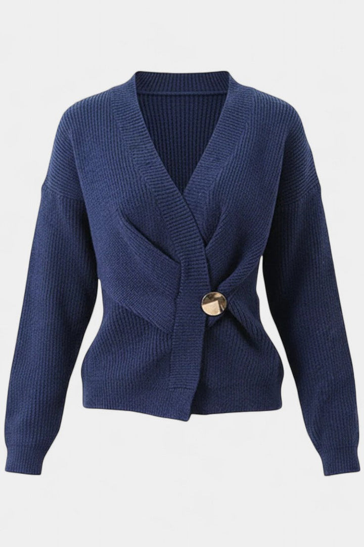 Céline V-Neck Ribbed Knit Wrap Cardigan with Asymmetrical Hem