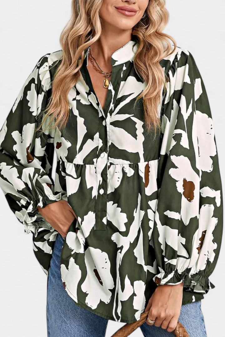 Filomena Relaxed Blouse with Puff Sleeves and Abstract Floral Design