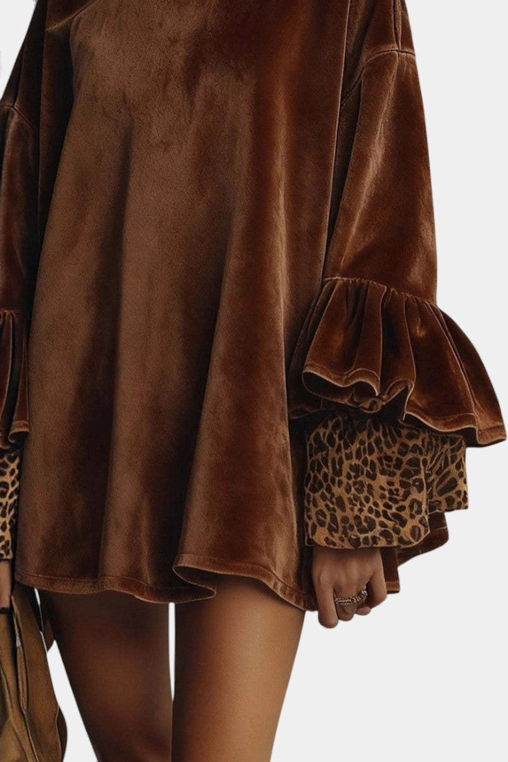 Brisélie Mini Velvet Dress Featuring Ruffled Leopard Sleeves