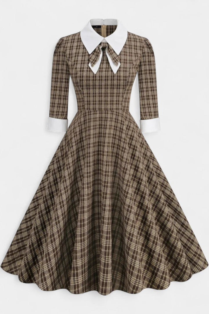 Natacha Checkered Midi A-Line Dress with Collar and Bow Detail