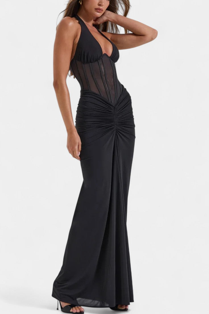 Angelina Mesh Corset Halter with Gathered Maxi Skirt Ensemble