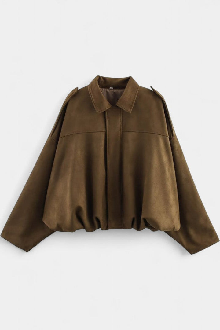 Monnie Oversized Suede Bomber Jacket with Tailored Shoulders