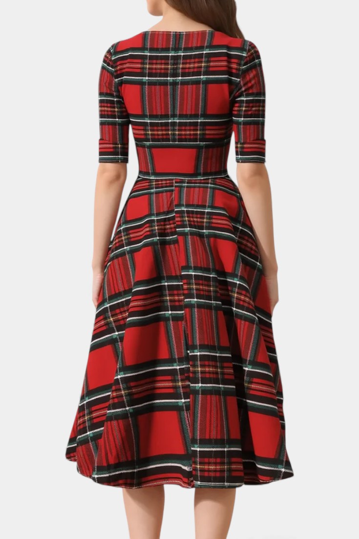 Véra Plaid Print Midi Flared Dress with Elegant V-Neck