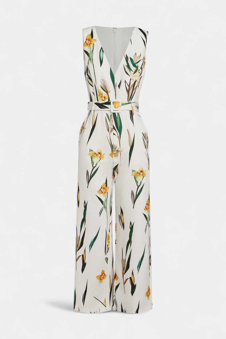 Slara White V-Neck Jumpsuit with Belted Waist