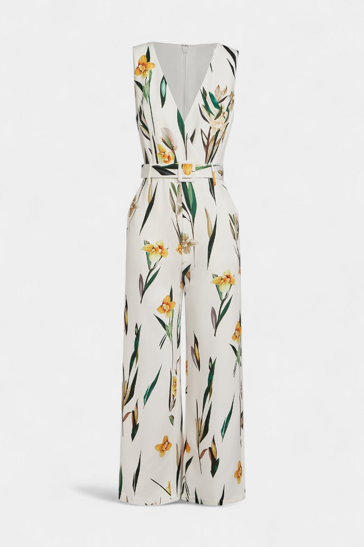 Slara White V-Neck Jumpsuit with Belted Waist