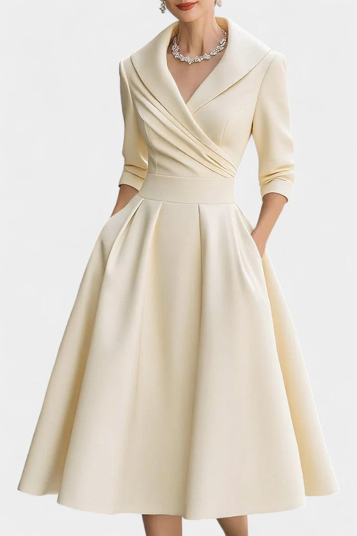 Solid Color Nixie Midi Dress with V-Neck and A-Line Silhouette