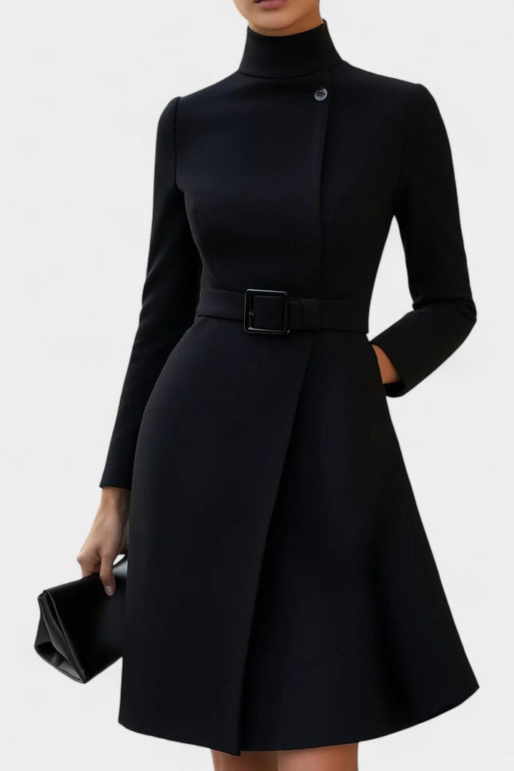 Estée Asymmetrical Black Dress Featuring a High Collar and Chic Belt
