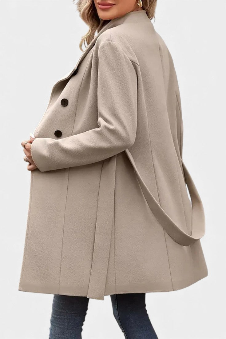 Yuliana Long Button-Up Coat with Waist Tie