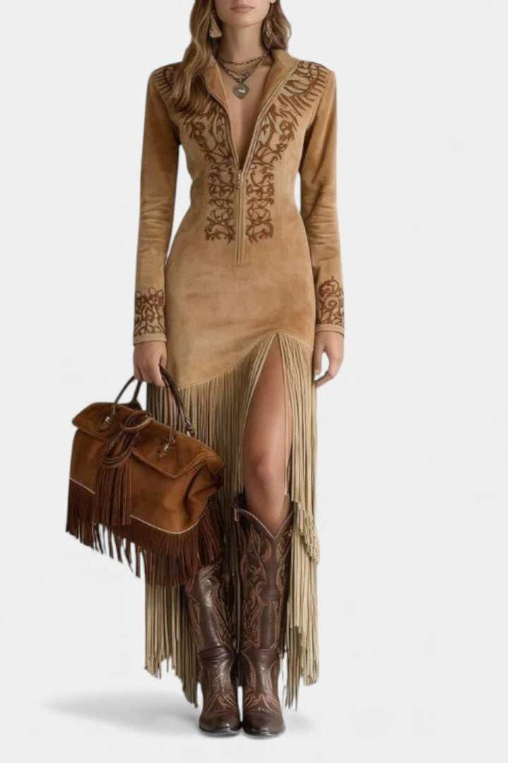 Embroidered Synthetic Suede Lieselotte Maxi Dress with Zippered Collar