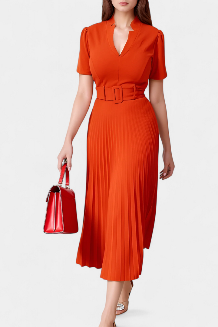 Seliora Pleated Skirt Midi Dress with Belt