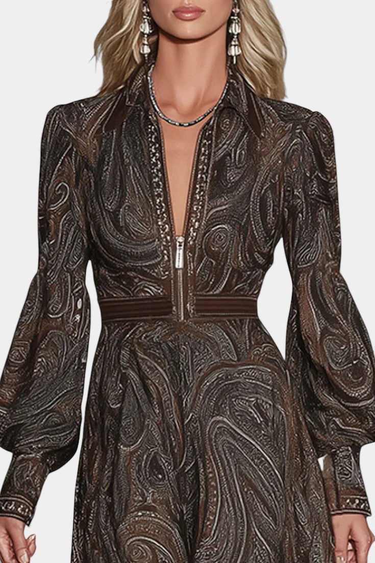 Clarysse Vintage Paisley Maxi Dress with Zip Closure