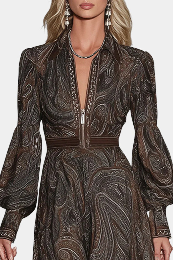 Clarysse Vintage Paisley Maxi Dress with Zip Closure